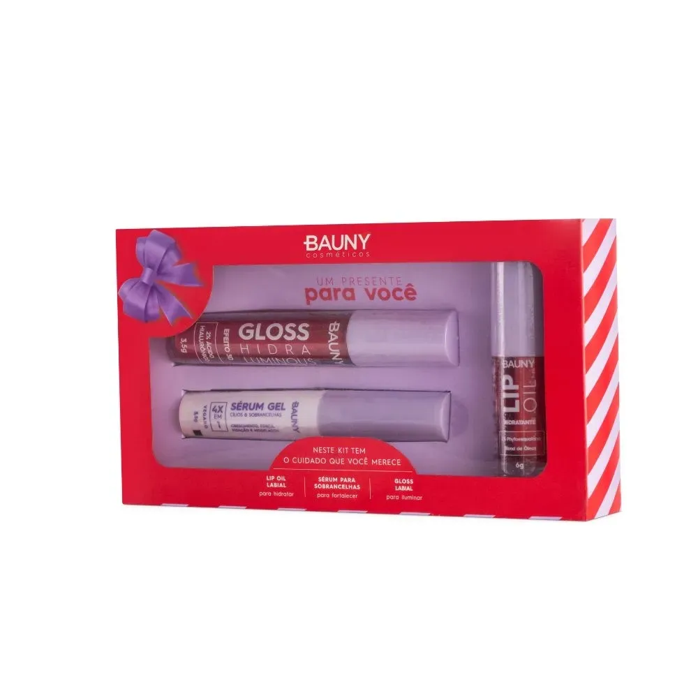 Kit Natal Lip Gloss, Lip Oil E Sérum Para Sombrancelha Bauny