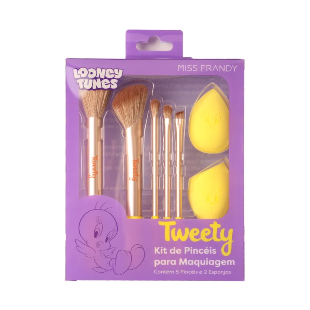 Kit Com 5 Pincel E 2 Esponja Para Maquiagem Linha Tweety Wp-pm24-0713 Miss Frandy