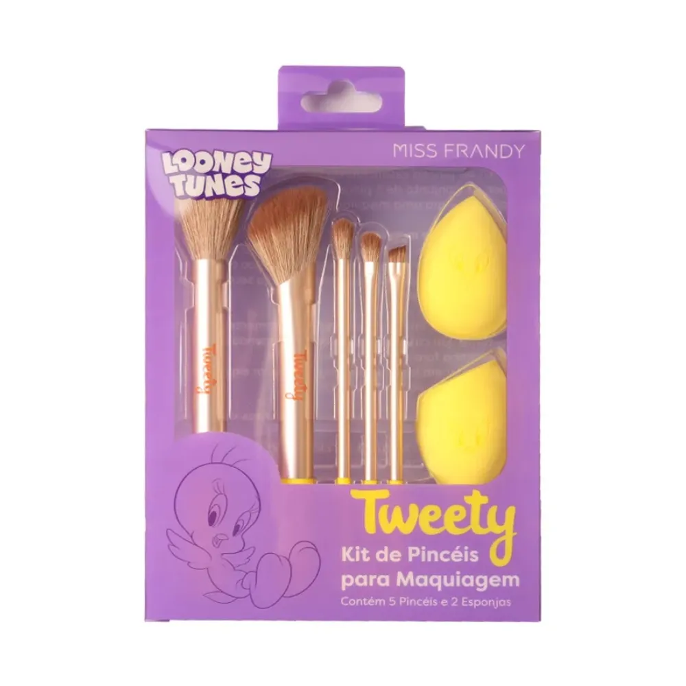 Kit Com 5 Pincel E 2 Esponja Para Maquiagem Linha Tweety Wp-pm24-0713 Miss Frandy